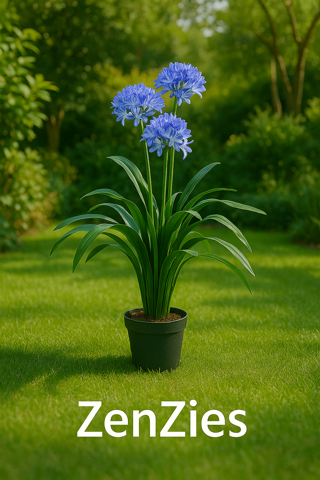 Stralende blauwe Agapanthus kunstplant op een zonnig grasveld - ZenZies collectie!